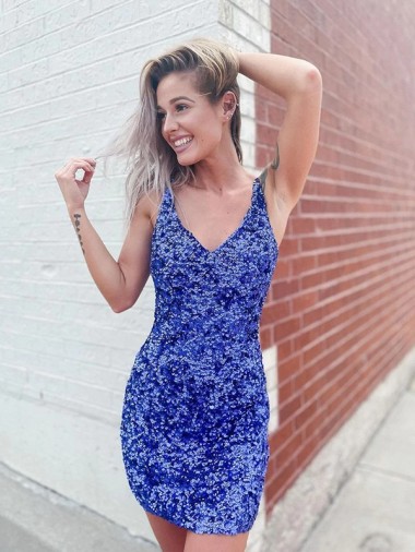 Buy V-Neck Short Velvet Sequin Sleeveless Evening Dress UK