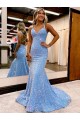 Buy V-Neck Sweep Train Velvet Sequin Periwinkle Sleeveless Evening Dress UK