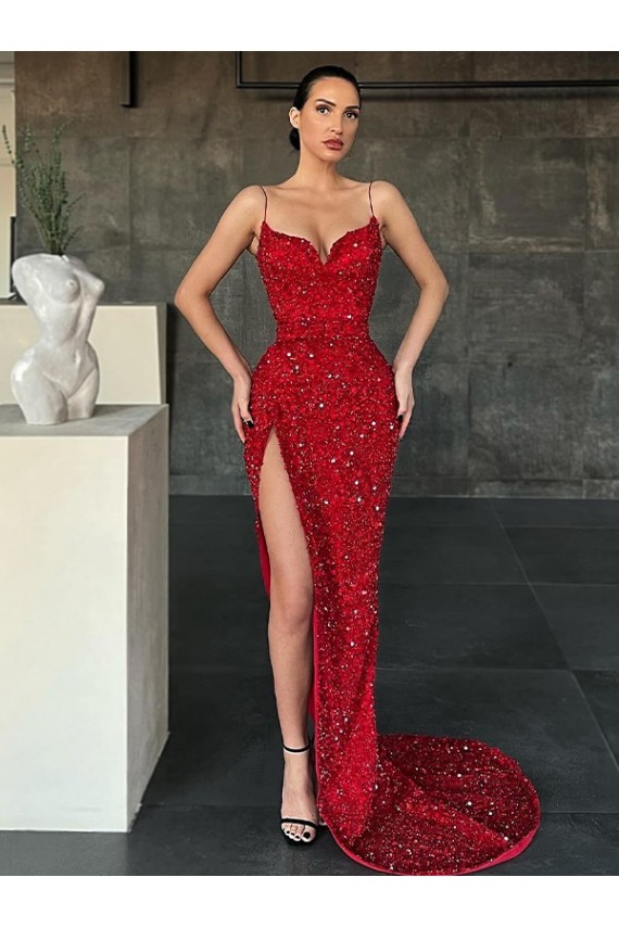 Buy V-Neck Sweep Train Velvet Sequin Red Sleeveless Evening Dress UK