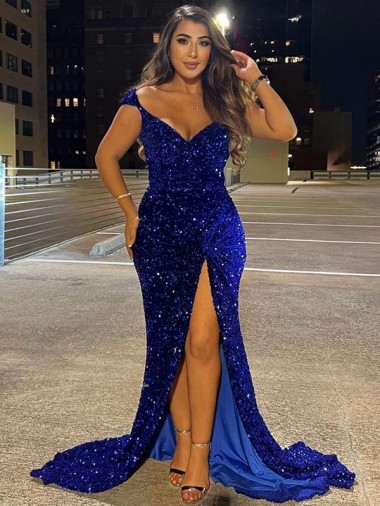Buy V-Neck Sweep Train Velvet Sequin Royal Blue Sleeveless Dress UK