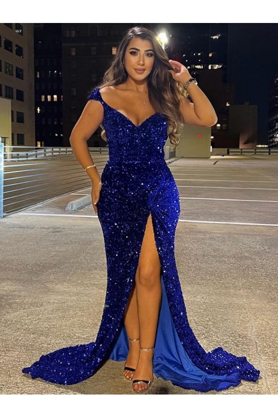 Buy V-Neck Sweep Train Velvet Sequin Royal Blue Sleeveless Dress UK