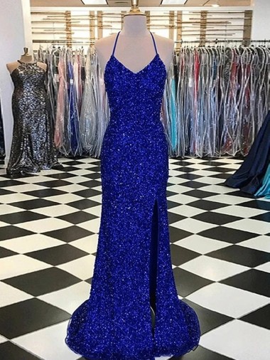 Buy V-Neck Sweep Train Velvet Sequin Royal Blue Sleeveless Evening Gown UK
