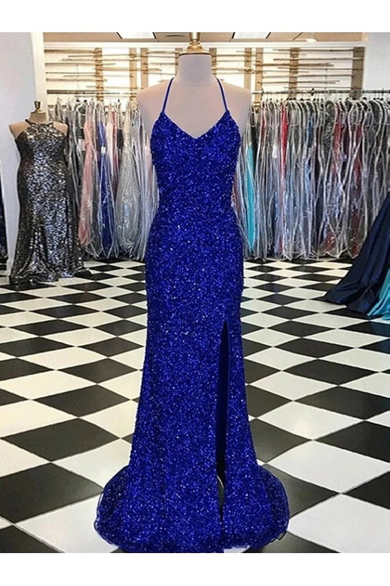 Buy V-Neck Sweep Train Velvet Sequin Royal Blue Sleeveless Evening Gown UK