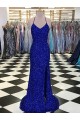 Buy V-Neck Sweep Train Velvet Sequin Royal Blue Sleeveless Evening Gown UK