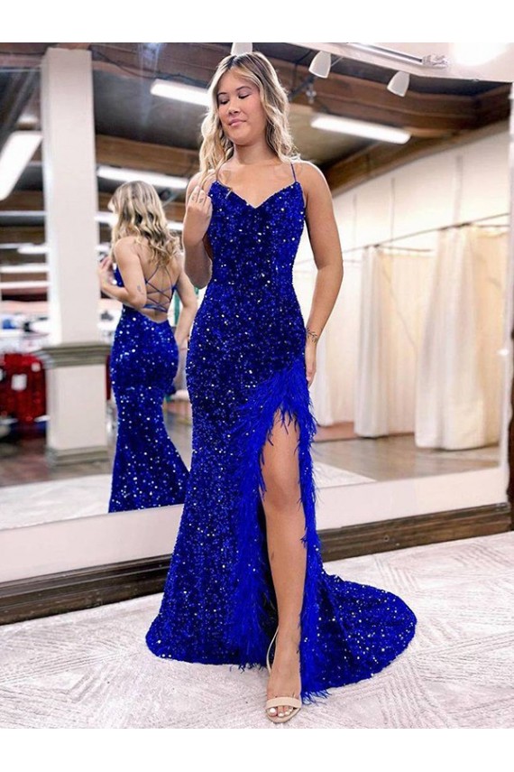 Buy V-Neck Sweep Train Velvet Sequin Royal Blue Sleeveless Evening Dress UK