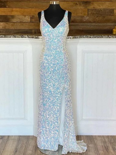 Buy V-Neck Sweep Train Velvet Sequin Sleeveless Evening Dress UK