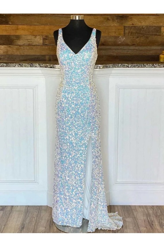 Buy V-Neck Sweep Train Velvet Sequin Sleeveless Evening Dress UK