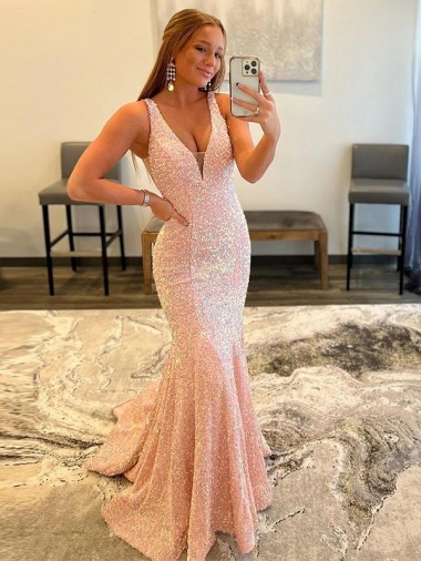 Buy V-Neck Sweep Train Velvet Sequin Sleeveless Evening Gown UK