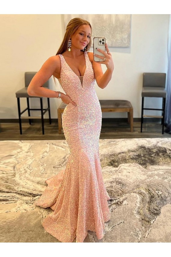 Buy V-Neck Sweep Train Velvet Sequin Sleeveless Evening Gown UK