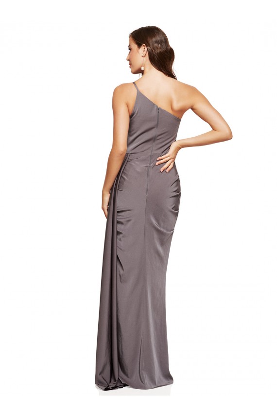 Buy One Shoulder Long Silky Satin Slate Grey Sleeveless Formal Evening Dress UK