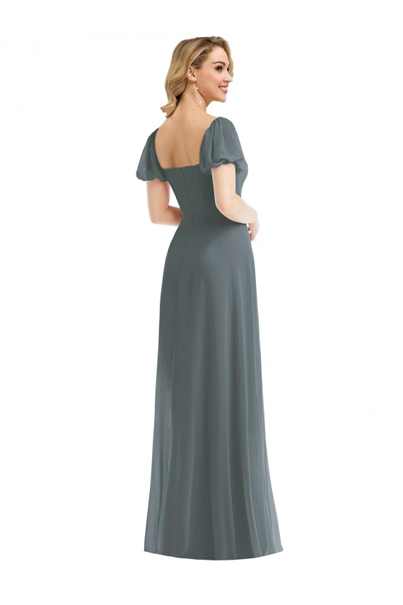Buy Square Neck Long Soft Chiffon Slate Grey Puff Sleeves Semi Formal Evening Dress UK
