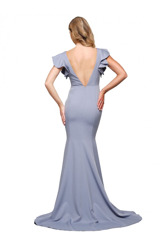 Buy Round Neck Sweep Train Stretch Crepe Smoke Blue Sleeveless Formal Evening Dress UK