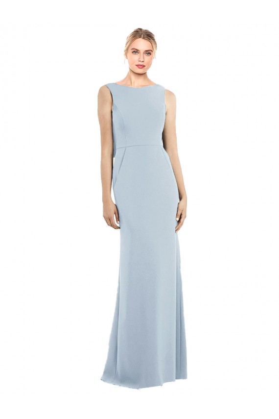 Buy Bateau Neck Long Stretch Crepe Light Sky Blue Sleeveless Semi Formal Evening Dress UK