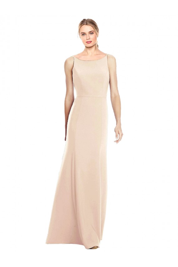 Buy Bateau Neck Long Stretch Crepe Nude Sleeveless Semi Formal Evening Dress UK