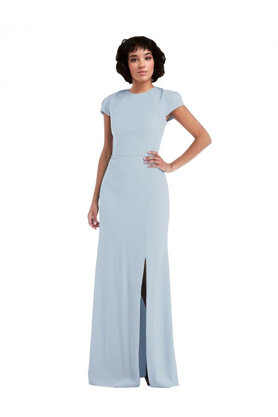 Buy Jewel Neck Long Stretch Crepe Light Sky Blue Cap Sleeves Semi Formal Evening Dress UK