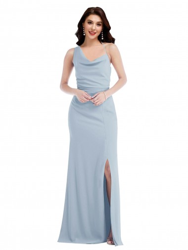 Buy One Shoulder Long Stretch Crepe Light Sky Blue Sleeveless Evening Dress UK