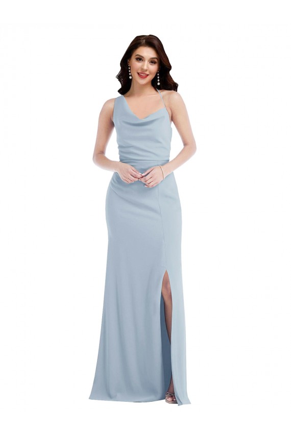 Buy One Shoulder Long Stretch Crepe Light Sky Blue Sleeveless Evening Dress UK