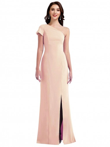 Buy One Shoulder Long Stretch Crepe Nude Cap Sleeves Formal Evening Dress UK