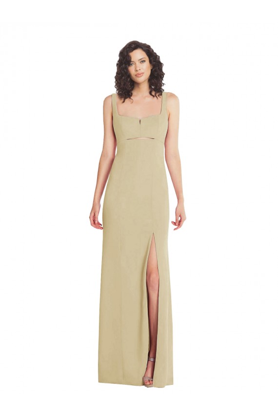 Buy Square Neck Long Stretch Crepe Champagne Sleeveless Formal Evening Dress UK