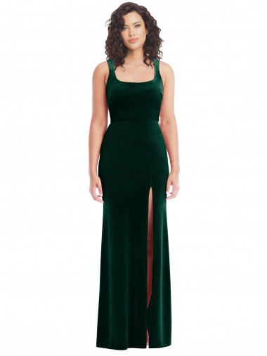 Buy Square Neck Long Stretch Velvet Dark Green Sleeveless Semi Formal Evening Dress UK