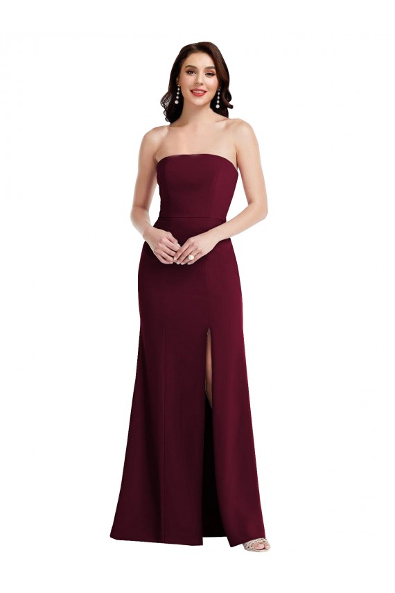 Buy Strapless Long Stretch Crepe Burgundy Gold Sleeveless Semi Formal Evening Dress UK