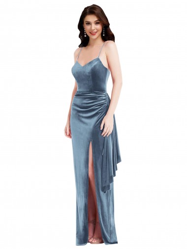 Buy Sweetheart Long Stretch Velvet Dusty Blue Sleeveless Formal Evening Dress UK
