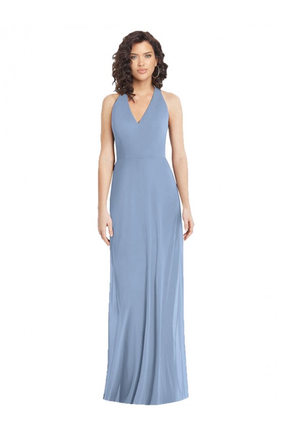 Buy V-Neck Long Soft Chiffon Dusty Blue Sleeveless Formal Evening Dress UK