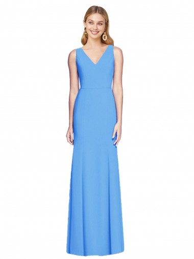 Buy V-Neck Long Stretch Crepe Peacock Blue Sleeveless Semi Formal Evening Dress UK