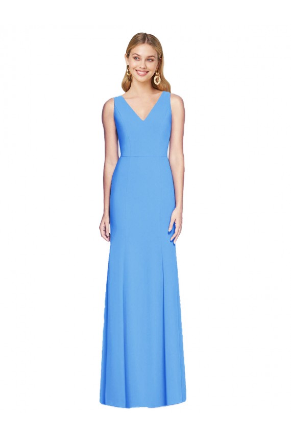 Buy V-Neck Long Stretch Crepe Peacock Blue Sleeveless Semi Formal Evening Dress UK