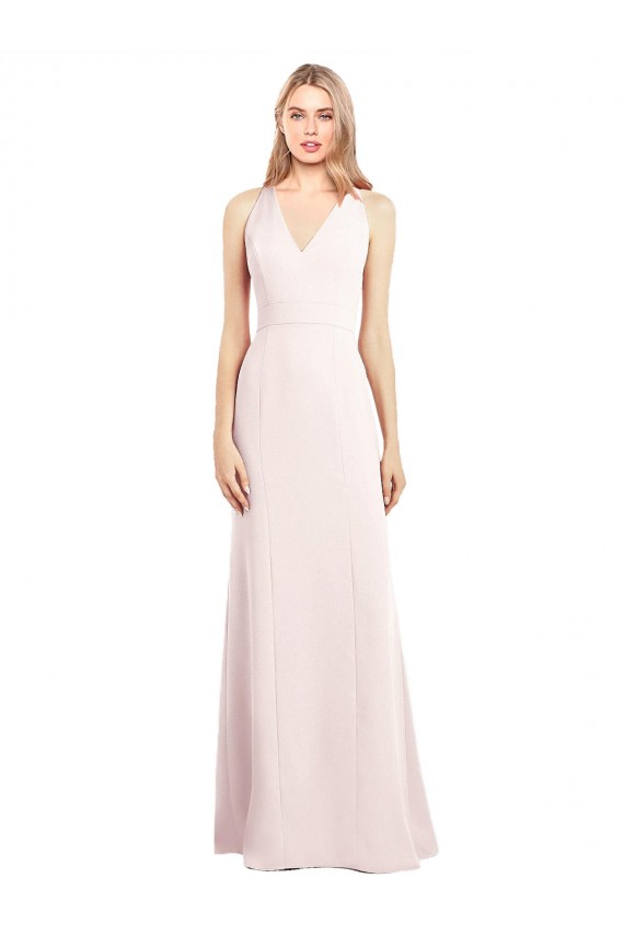 Buy V-Neck Long Stretch Crepe Pink Sleeveless Semi Formal Evening Dress UK