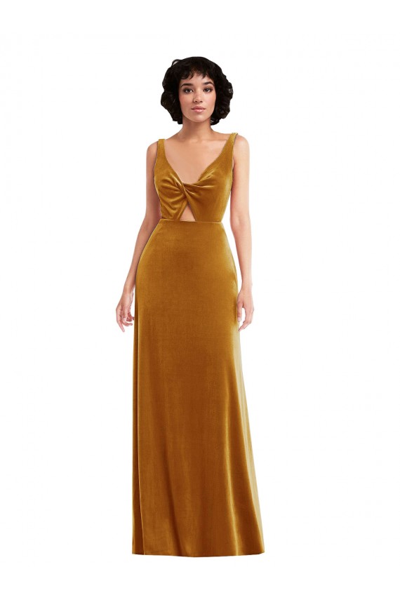 Buy V-Neck Long Stretch Velvet Gold Sleeveless Semi Formal Evening Dress UK