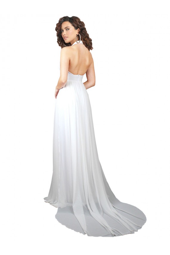 Buy V-Neck Sweep Train Soft Chiffon White Sleeveless Semi Formal Evening Dress UK